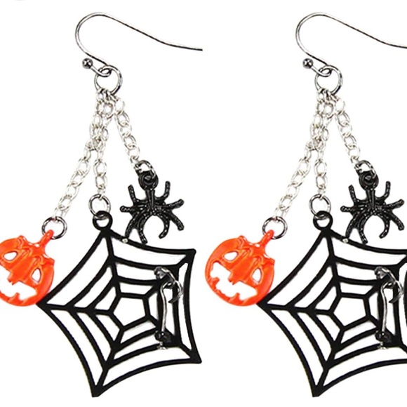 Halloween Spider Web Pumpkin Dangle Earrings - Picture 3 of 4